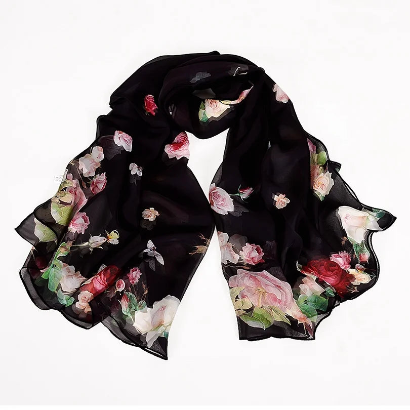 [BYSIFA] White 100% Silk Scarf Cape Fashion Floral Design Long Scarves Women Summer Utralong Beach Shawl Winter Scarves180*110cm black roses