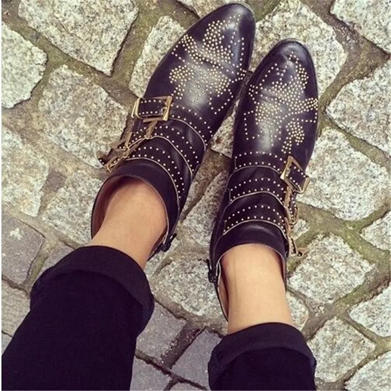 Women's Ankle Boots Rivet Flower Susanna Studded Cowboy Boots Genuine Leather Luxury Shoes Ladies Botines Mujer