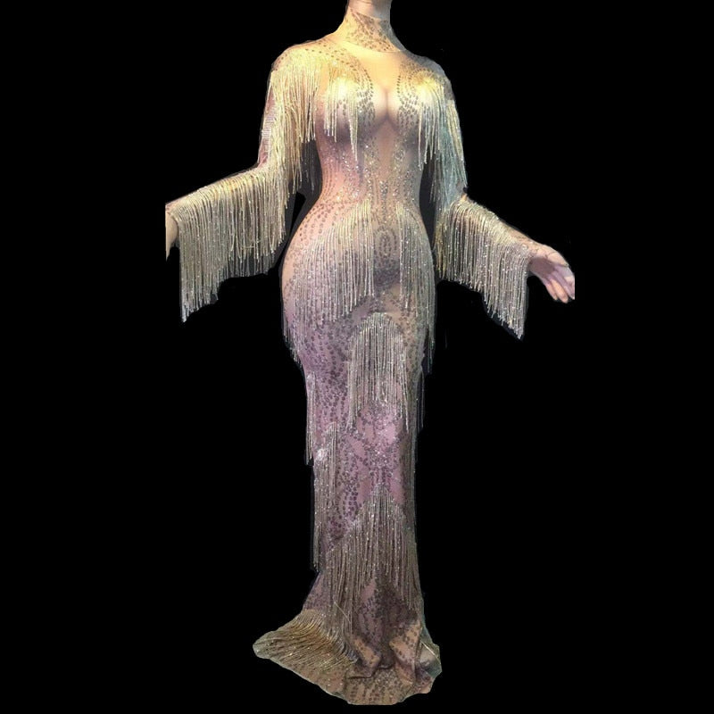 Sexy Singer Host Stage Wear Celebration Performance Costume Nightclub Fringes Dress Crystals Tassels Sleeve Stretch Long Dress Default Title