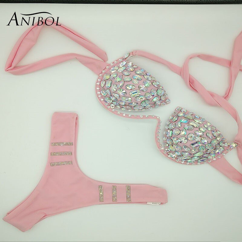 Rhinestone Triangle Bikini Luxury Crystal Diamond Women's Swimsuit Sexy Push Up Gathered Swimwear Biquini F102pink