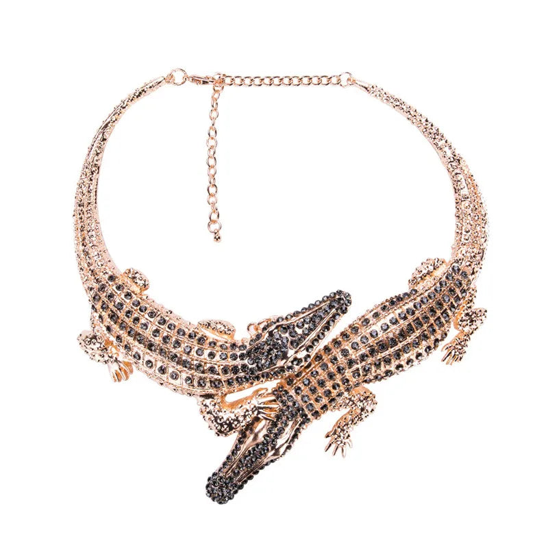 Ahmed New Design Exaggerated Punk Full Crystal Crocodile Necklace for Women Fashion Trending Statement Necklace Collar Bijoux A