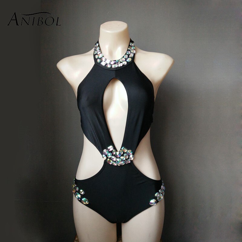 Sexy Backless Rhinestone Women Swimsuit Crystal Diamond One-Piece Swimwear Hollow Out Halter Bathing Suit Girls Black