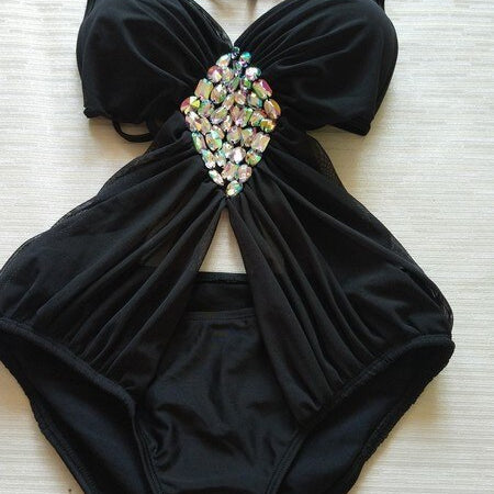 Rhinestone One Piece Push Up Swimwear Luxury Diamond Women White Swimsuit Black Sexy Girls Bathing Suit Black