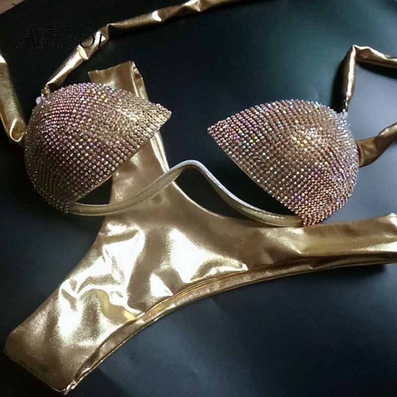 Sexy Crystal Diamond Triangle Bikini Rhinestone Push Up Women’s Swimwear Shiny Gathered Thong Swimsuit Gold