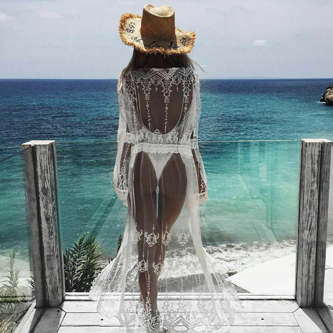 Sarong Lace Maxi Bikini Cover Up Pareo white beach dress Long Chiffon See Through Crochet Cardigan robe de plage