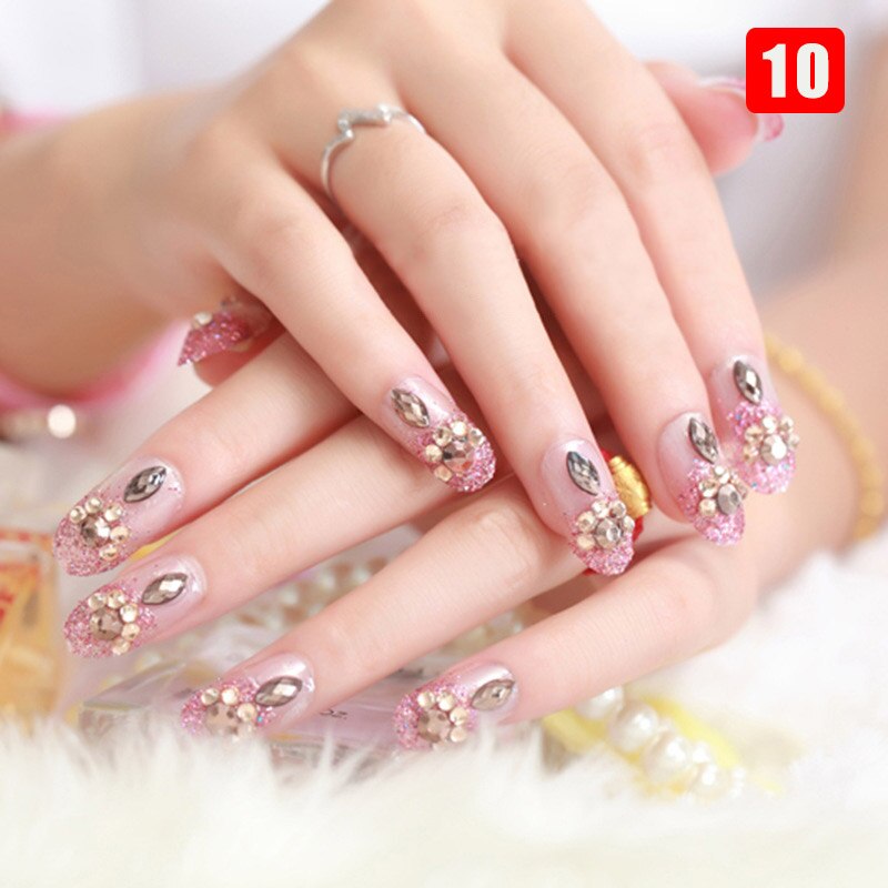 24pcs False Nails Floral Beads Decorated Artificial Nail Tips Bride Reusable Fingernails Fake Nail Press On Nail накладные ногти 10