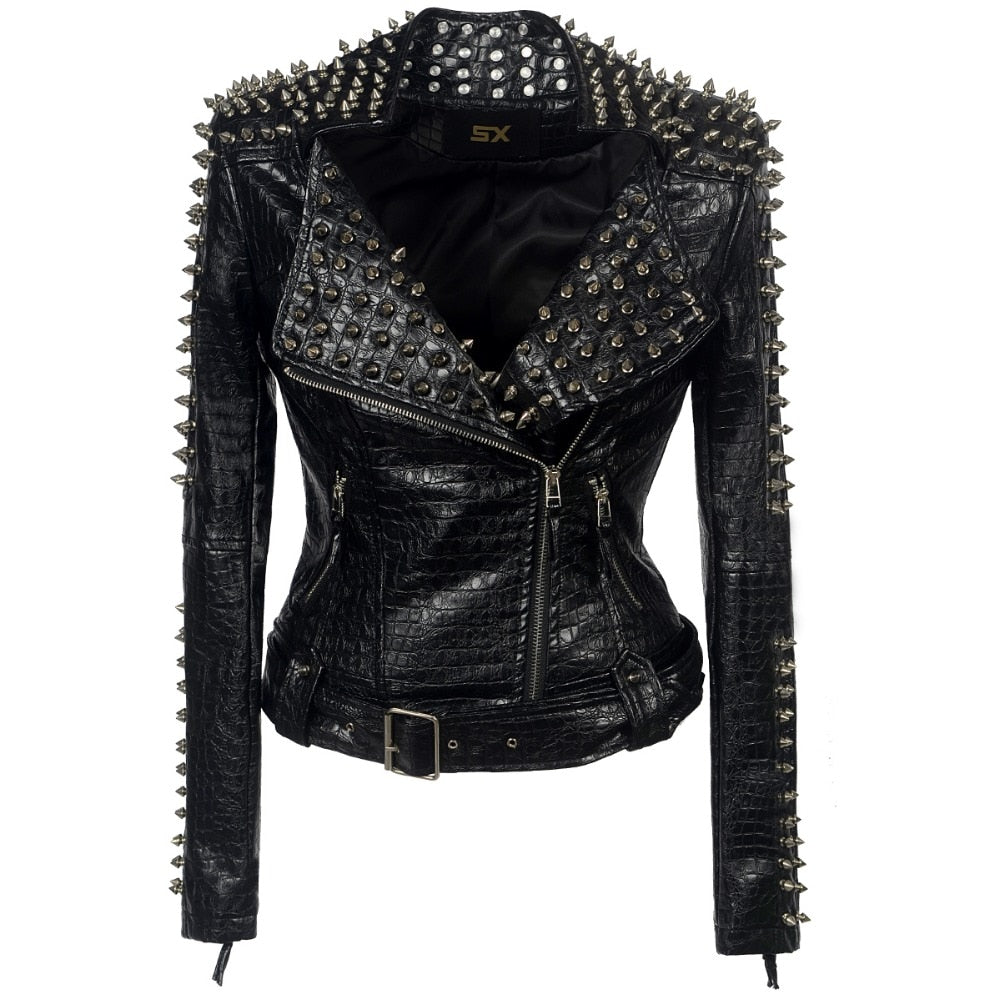 SX Occident Mode femmes Club style chaud Goujon coupe ajustée veste épaule rivets fermeture éclair couture courte PU cuir rock manteau 