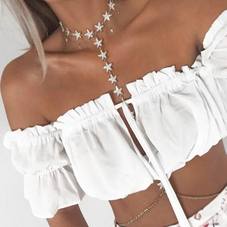 Women Off Shoulder Short Sleeve Tank Top Casual Cotton Short Slash Neck Shirt 2023 New arrival Ruched Crop Tops WHITE