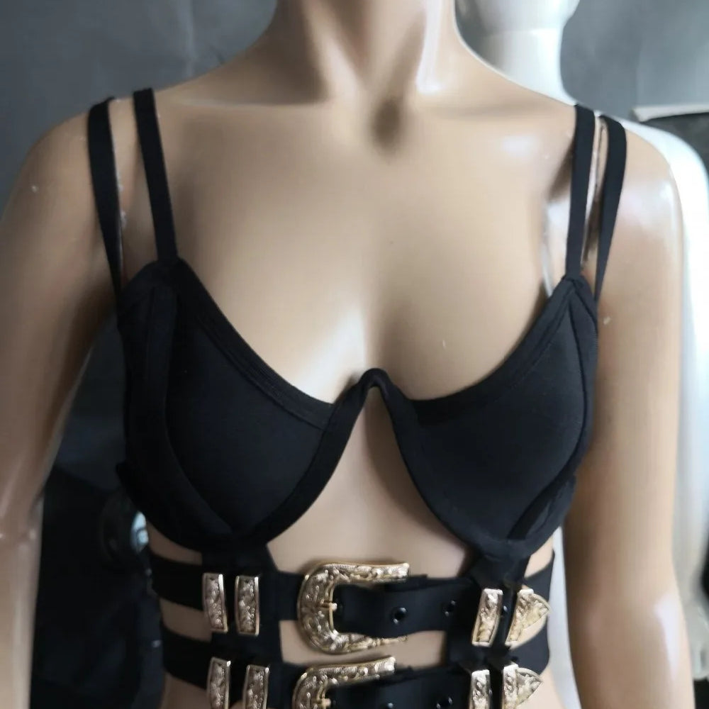 Celebrity Black Red White Sleeveless Button Short Bandage Top Bodycon Sexy Top Wear