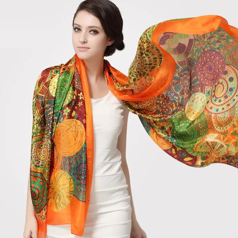 [BYSIFA] Ultralarge Spring Autumn Silk Scarf Wraps Brand Female Long Scarf Cape Fashion New Design Lace Pattern Blue Silk Scarf orange yu