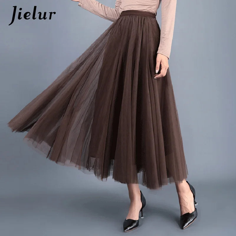 Jielur Skirts Womens Autumn 3 Layers Princess Tulle Mesh Pleated Skirt Saia Female Jupe Summer Tutu Skirts Faldas Mujer Moda Coffee One Size