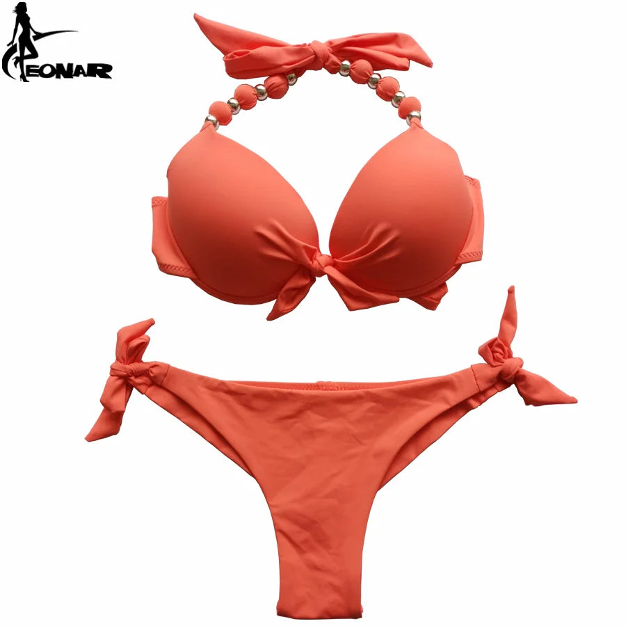 EONAR Push Up Bikini Women Bandage Swimsuits Brazilian Cut Bottom Bikini Set Bathing Suits maillot de bain femme Swimwear Living Coral