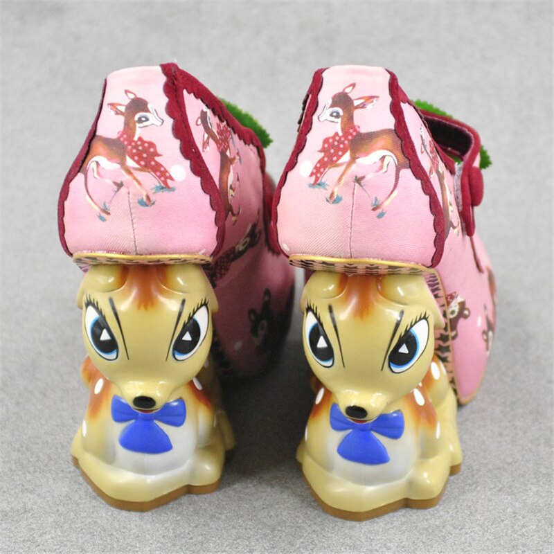 Vivid Painted Deer Heel Bridal Wedding Shoes Design Cherry Belt Buckle Printed Color Strange High Heel Shoes Woman