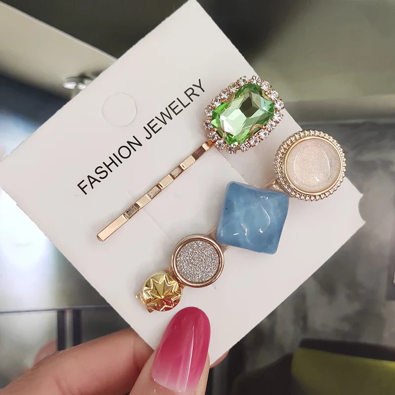 Set Women Hair Clips Jewelry Fashion Crystal Hair Accessories For Girls Luxury Pearl Geometric Barrettes Pins Christmas Gift 2pcs-blue