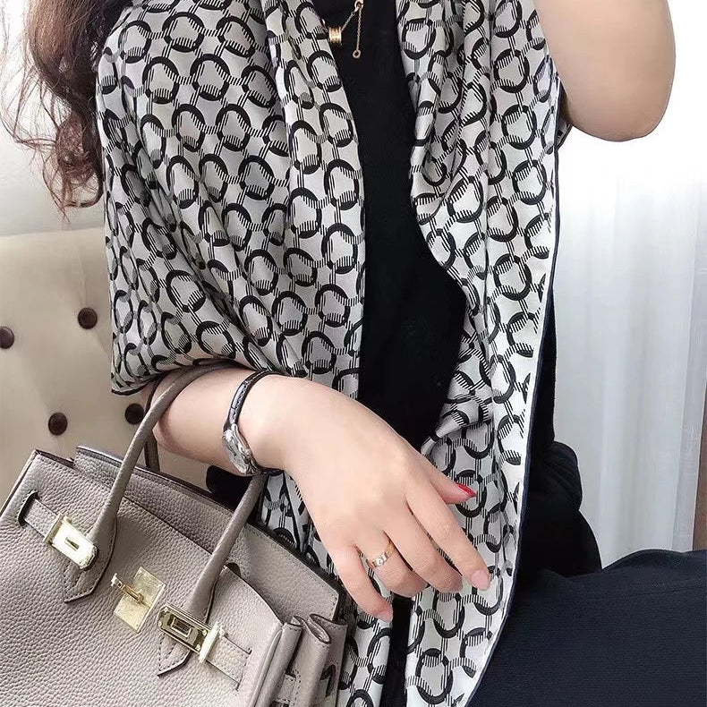 Coffee Gold 100% Mulberry Silk Women's Scarf Bandana Fashion Plaisley Style Square Scarves Hijabs Winter Brand Headscarf Foulard grey black