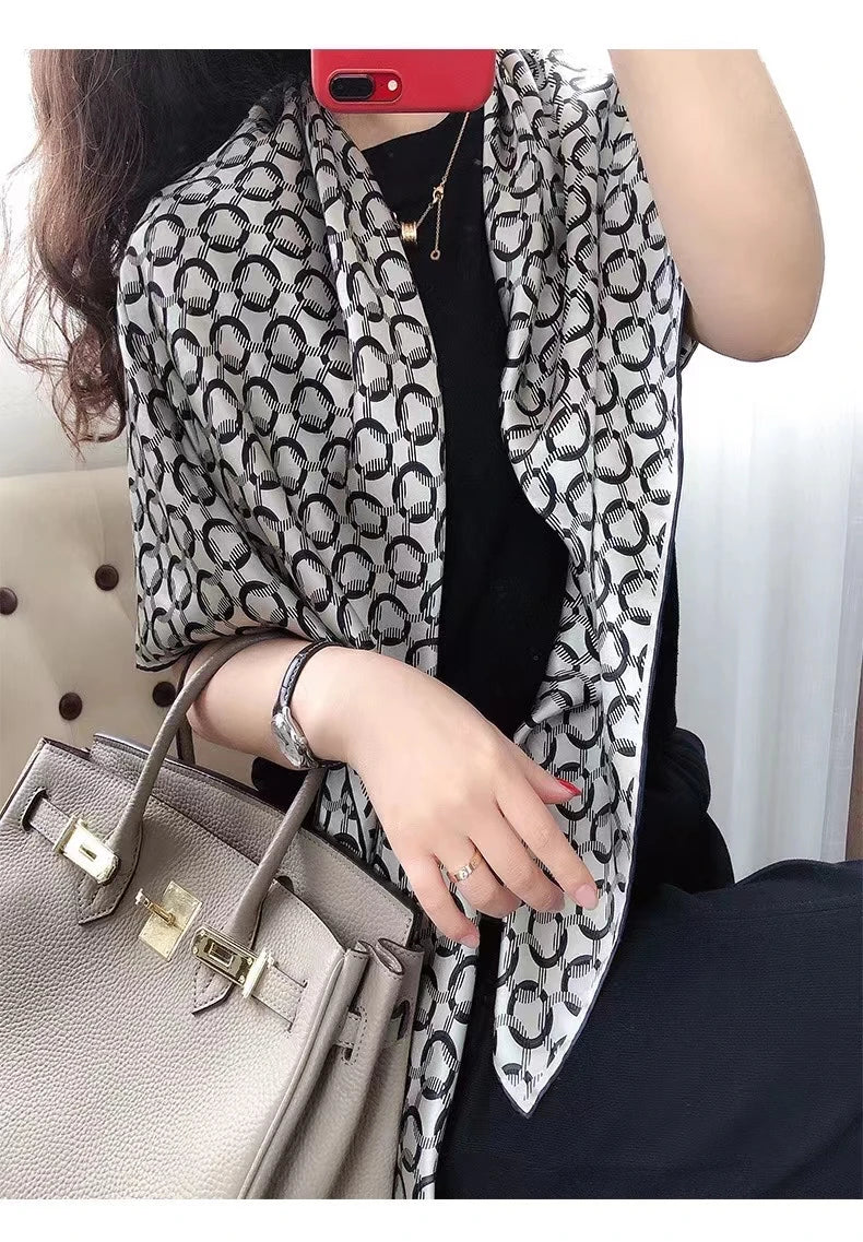 Coffee Gold 100% Mulberry Silk Women's Scarf Bandana Fashion Plaisley Style Square Scarves Hijabs Winter Brand Headscarf Foulard grey black