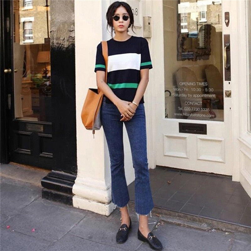 Solid White Stretch Women Jeans Street Wear Flare Denim Pants Boyfriend Fashion Jeans Capri Trousers Ankle length Blue