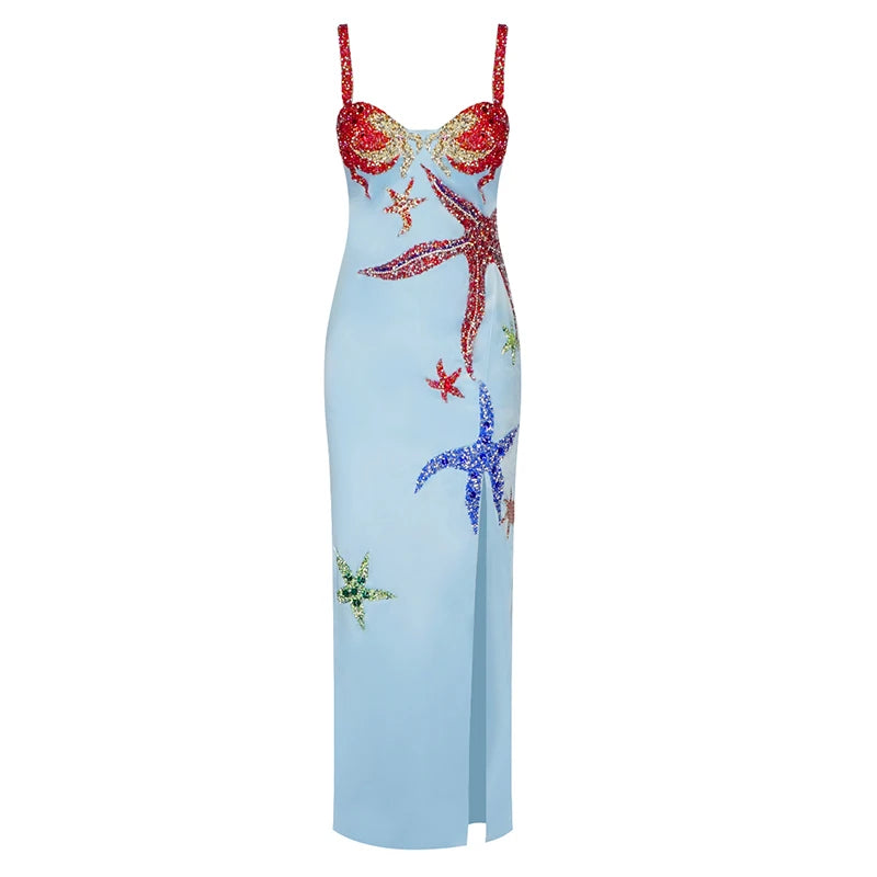 Sling Dress Sexy Starfish Pattern Diamond Design Split Fork Sleeveless Square Neck Strap Satin Grace Dinner Party Long Dress As Picture