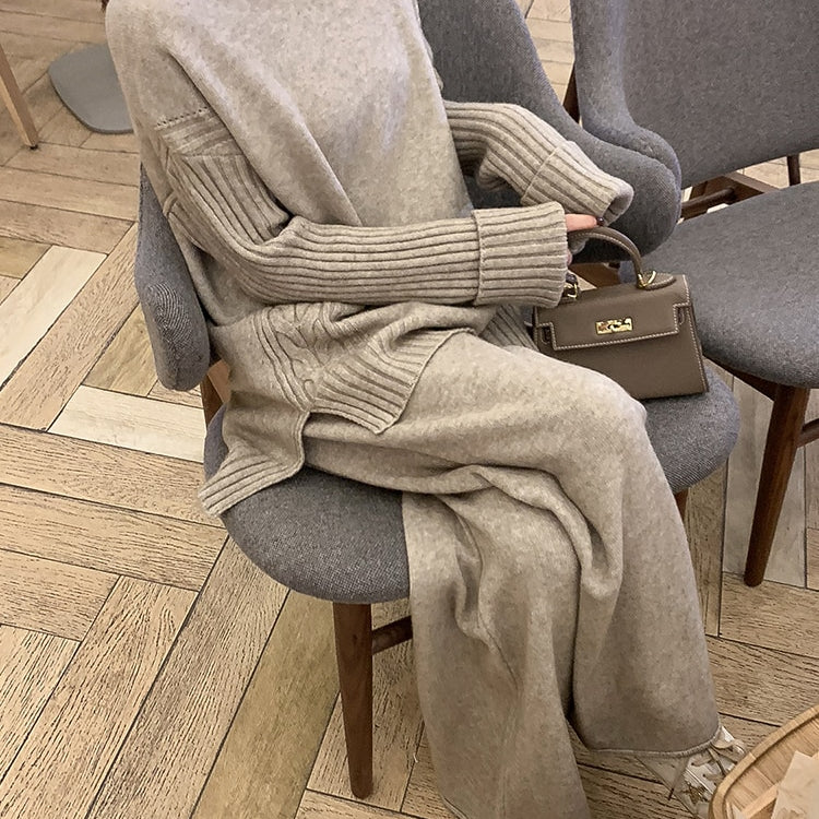 Sweater Set Women Tracksuit Spring Autumn Knitted Suits 2 Piece Set Warm Turtleneck Sweater Pullovers Wide Legs Pants Oatmeal color