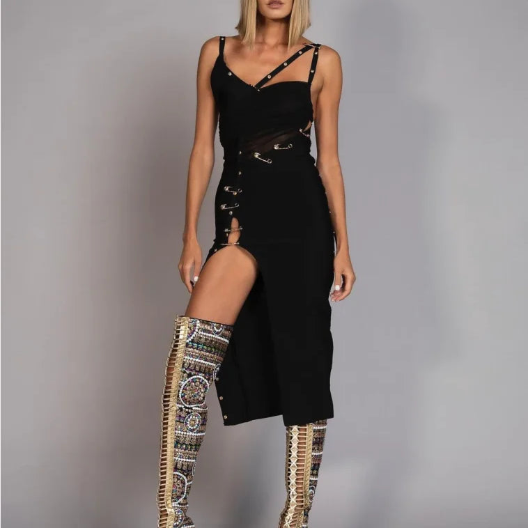 2021 New Women's Black Long Sleeve One Shoulder Open Fork Rayon Bandage Dress Party Bodycon Long Dress Vestidos