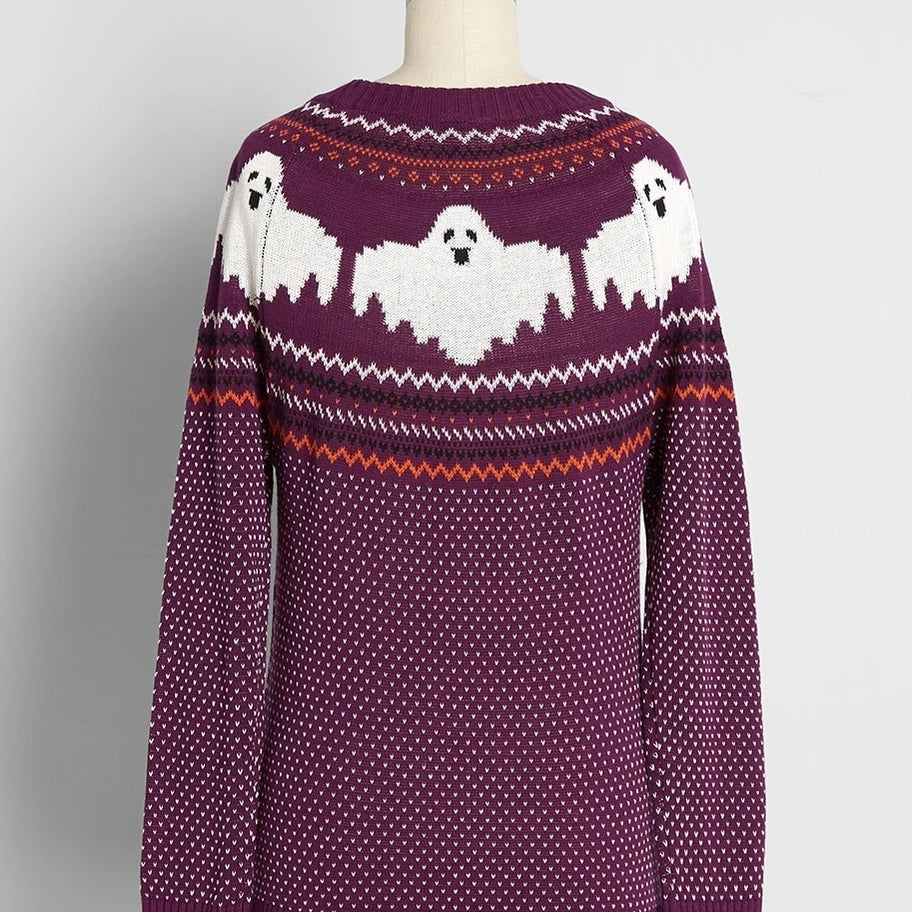 Yangelo Y2k Sweaters Women Halloween's Clothes Gothic Ghost Knitted Pullover for Autumn Winter Purple Streetwear Girl's Top