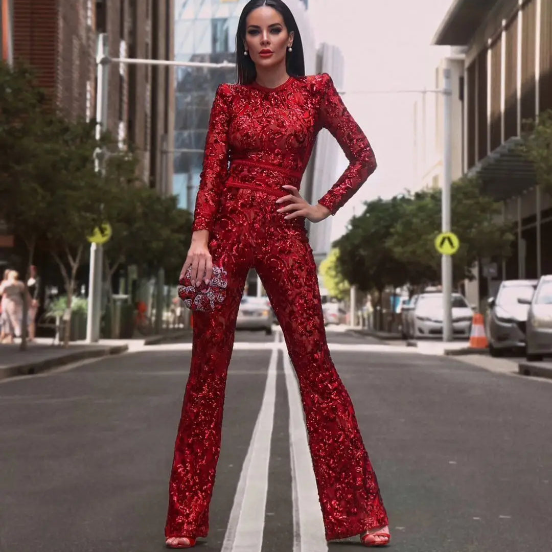 2021 Spring New Jumpsuits Hot Sale Sexy Lace Hollow Out Rompers Red Flame Pants Women's Fashion Club Street Wear