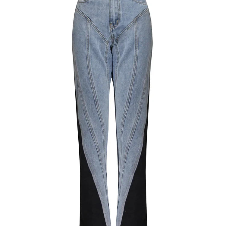 Hit Color Patchwork Denim Two Piece Sets Women Long Sleeve Coat Jacket Female High Waist Pencil Pants Jeans 2022