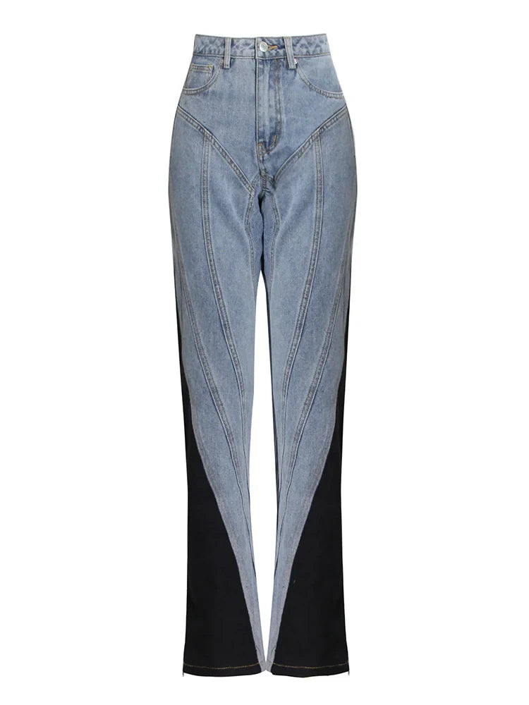 Hit Color Patchwork Denim Two Piece Sets Women Long Sleeve Coat Jacket Female High Waist Pencil Pants Jeans 2022