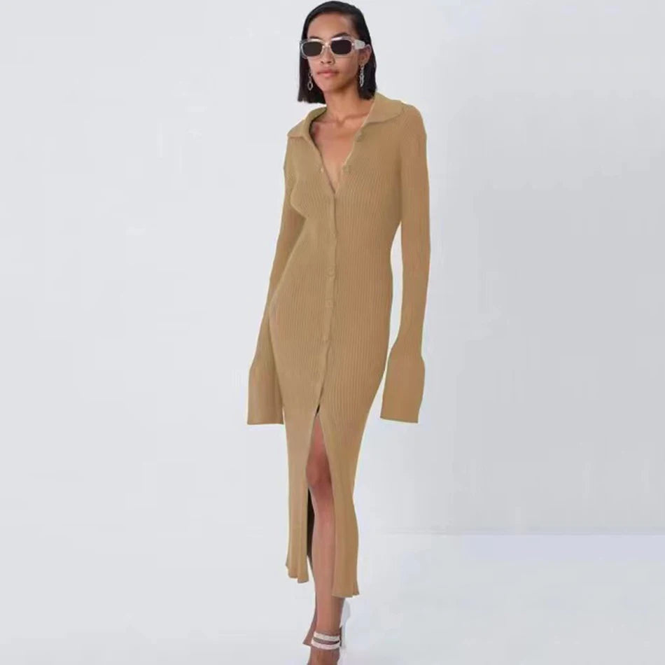 2025 Autumn Bodycon Dress Sweater Knitted Green Women Sexy Midi Split V Neck Long Sleeve Casual Dresses Party Vestidos Khaki