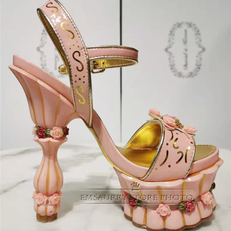 Print Flower High Platform Sandals Women Ankle Strap Sweet Pink Banquet Shoes Woman Rose Decor Strange Heel Summer Sandalias