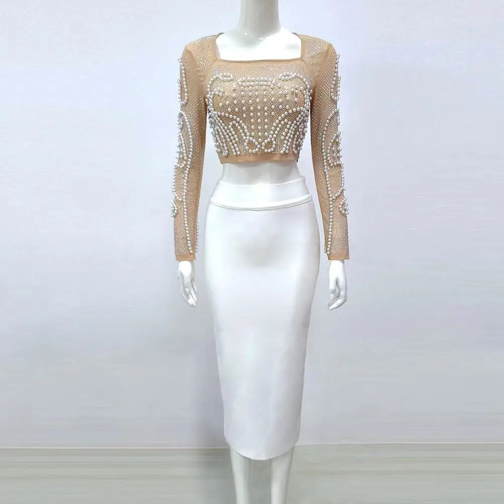 Women Autumn Sexy Diamonds Beading Mesh Crystal Long Sleeve Two Pieces Rayon Bandage Sets Ladies White Designer High Street Sets Khaki