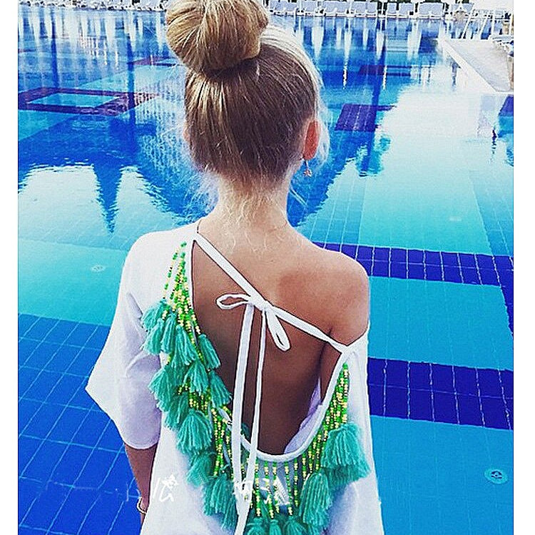 Sexy Backless Tassel Bikini Cover Up Chiffon Summer Beach Dress Swimwear B One Size