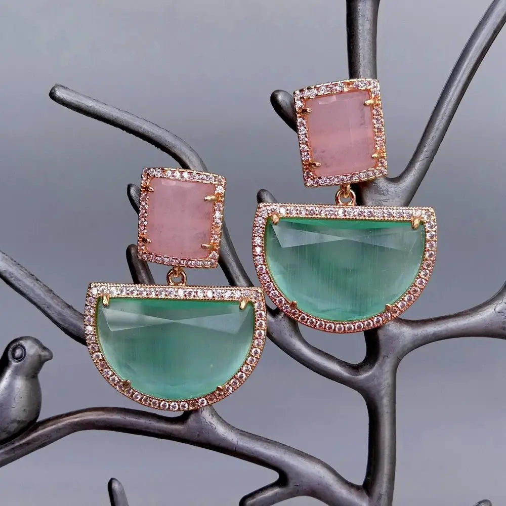 YYGEM Semicircle Green Dangle Pink Cat Eye Gold plated Stud Earrings Geometric Fashion Jewelry
