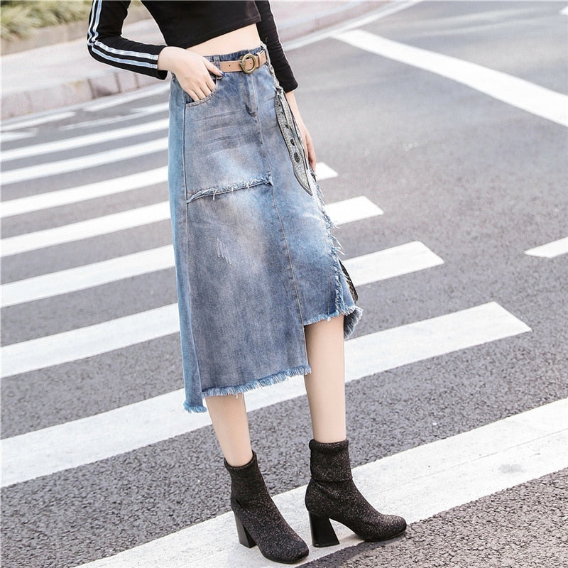S-5XL Women Denim Skirt Spring Summer 2024 Fashion Casual Medium-long Package hip Irregular hem Slim Waist Skirts Jeans Female