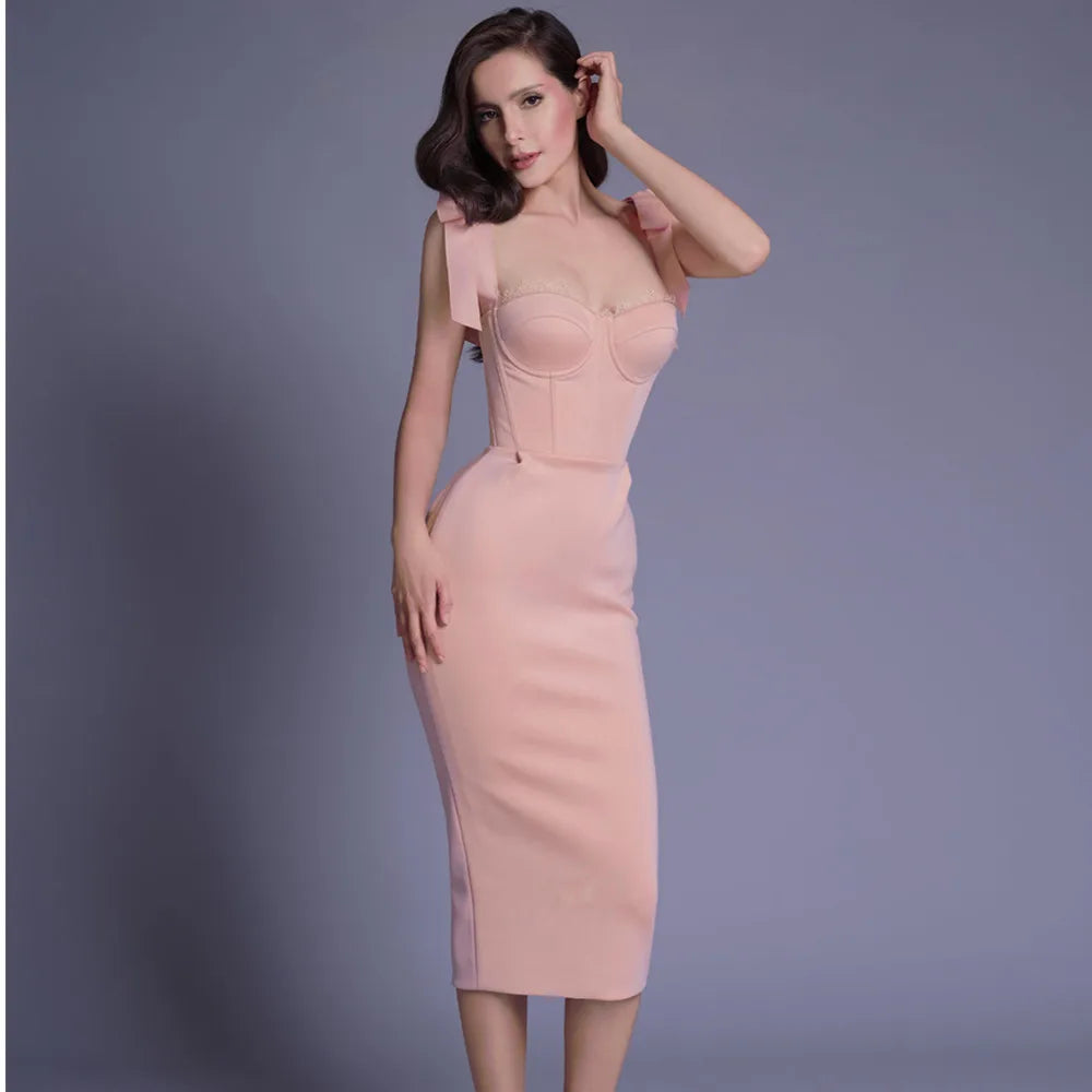 Pink White Color 2021 New Fashion Women's Sleeveless Sexy Bodycon Mid-calf Dress Evening Party Dress Birthday Celebrate Vestido