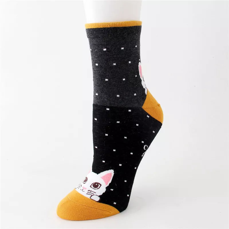 Women Striped Cartoon Socks Autumn Winter Colorful Cat Face Cotton Sock Ladies Female Funny Animal Cotton Sock For lady Girls Black socks
