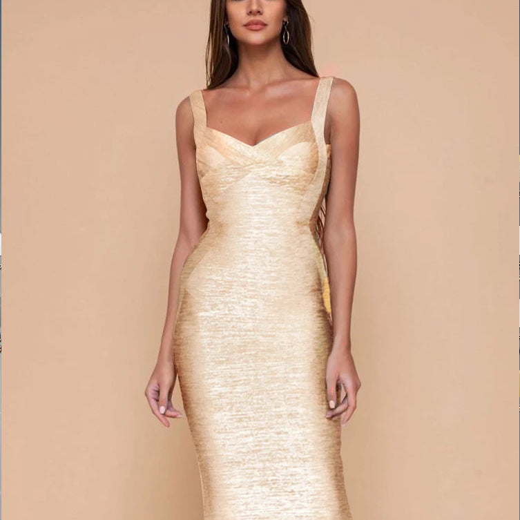 New Slip Gold Print Rayon Bandage Dress Foiling Sexy Celebrity Bodycon Cocktail Party Dress