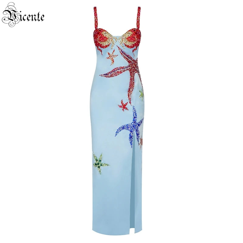 Sling Dress Sexy Starfish Pattern Diamond Design Split Fork Sleeveless Square Neck Strap Satin Grace Dinner Party Long Dress