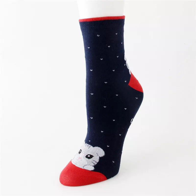 Women Striped Cartoon Socks Autumn Winter Colorful Cat Face Cotton Sock Ladies Female Funny Animal Cotton Sock For lady Girls blue socks