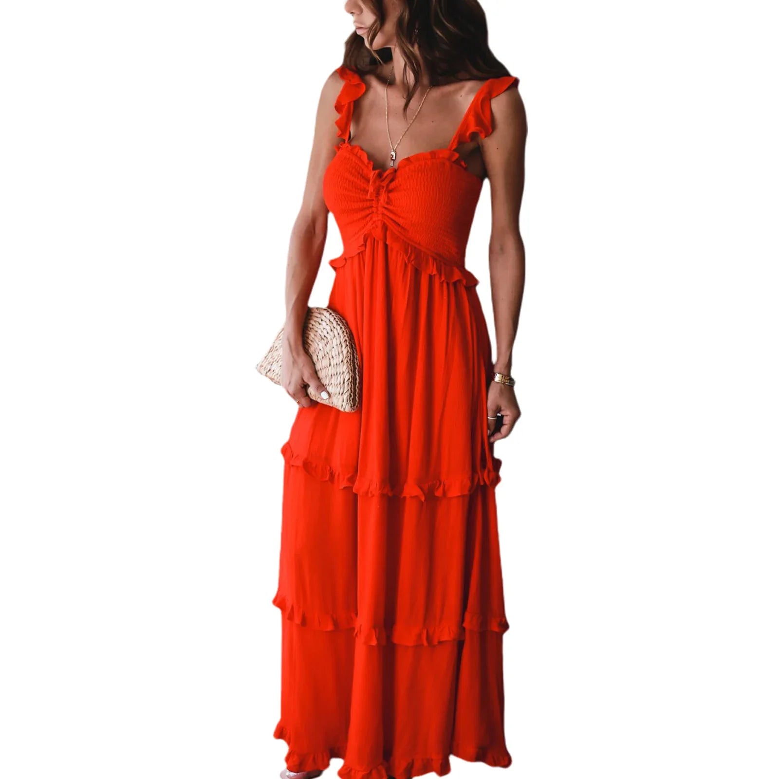 Summer Solid Tunic Women Maxi Dress V Neck Female Elegant Ruffles Party Long Dresses Beach Spaghetti Strap Casual Sundress 2