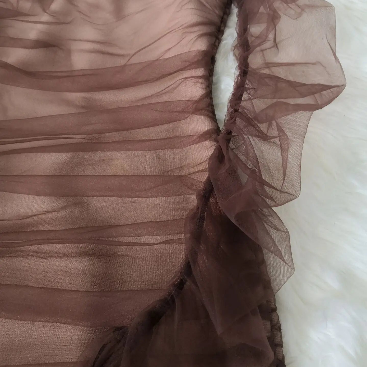 Brown Mesh Sleeve Off The Shoulder Rayon Bandage Dress Elegant Club Party Dress