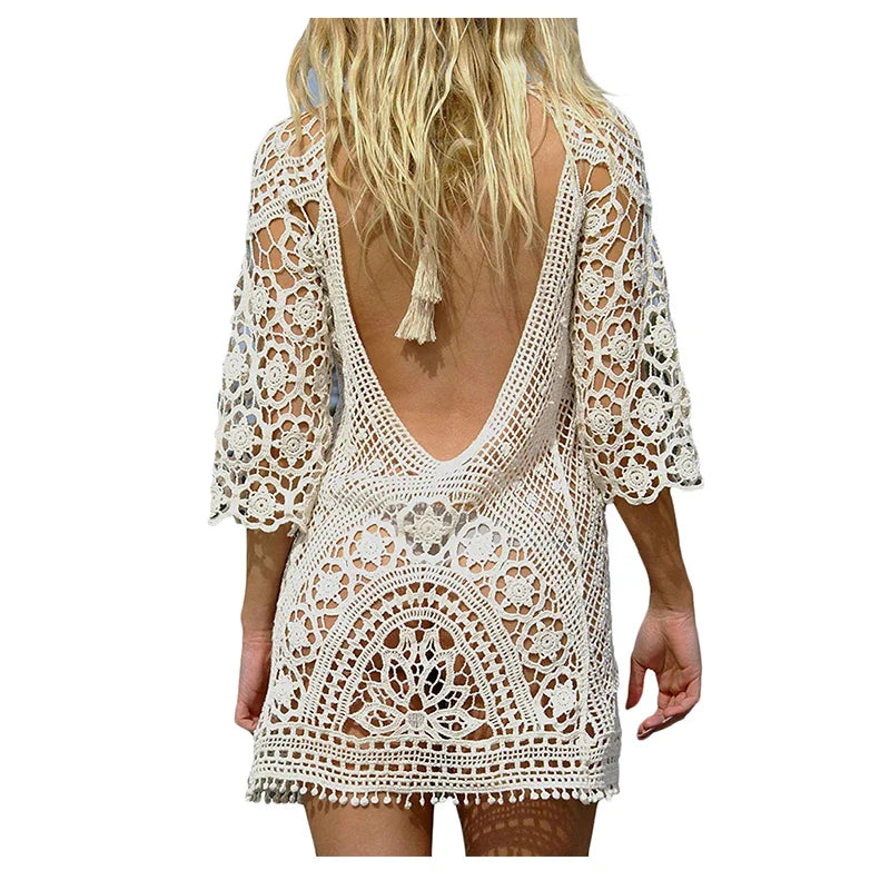 Sexy Women’s Bathing Suit Cover Up Crochet Lace Bikini Bathing Suit Swimsuit Smock Knitting Swimwear Mesh Beach Dress Tunic Robe WHITE One Size