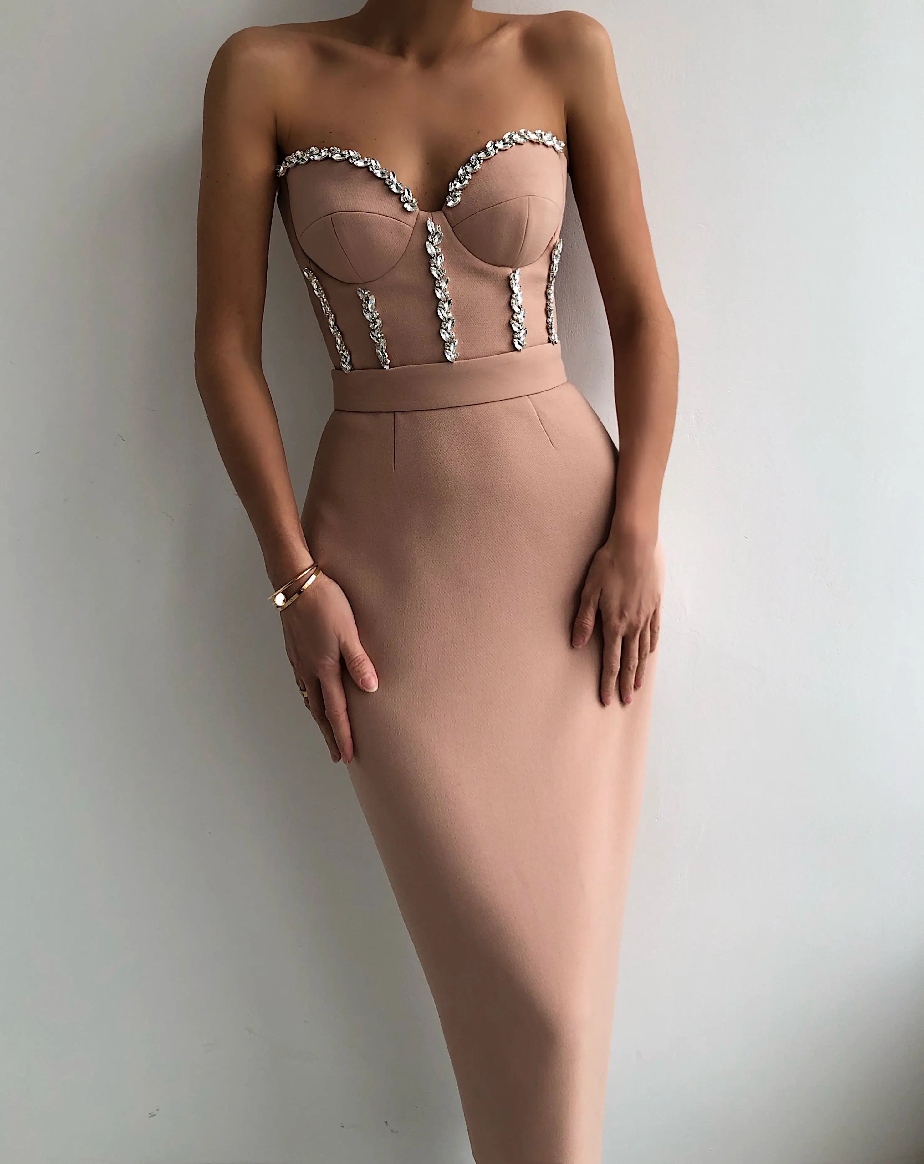 Women Summer Sexy Strapless Backless Beading Midi Black Beige Red Crystal Bandage Dress 2021 Elegant Evening Party Dress Vestido Beige