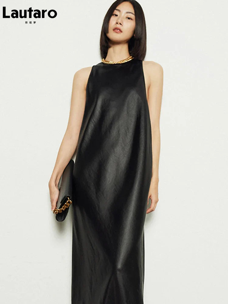 Spring Black Extra Long Faux Leather Tank Dress Autumn Elegant Stylish Backless Maxi Dresses for Women Clothing 2021