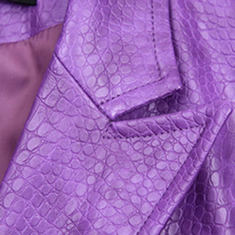 Autumn Oversized Shiny Purple Crocodile Pattern Faux Leather Blazer Women Long Sleeve Double Breasted Y2K Jacket Fashion