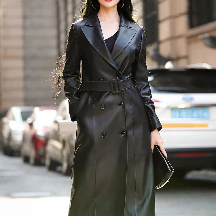 Autumn Black Waterproof Pu Leather Trench Coat for Women Long Sleeve Belt Double Breasted Autumn Designer Fashion