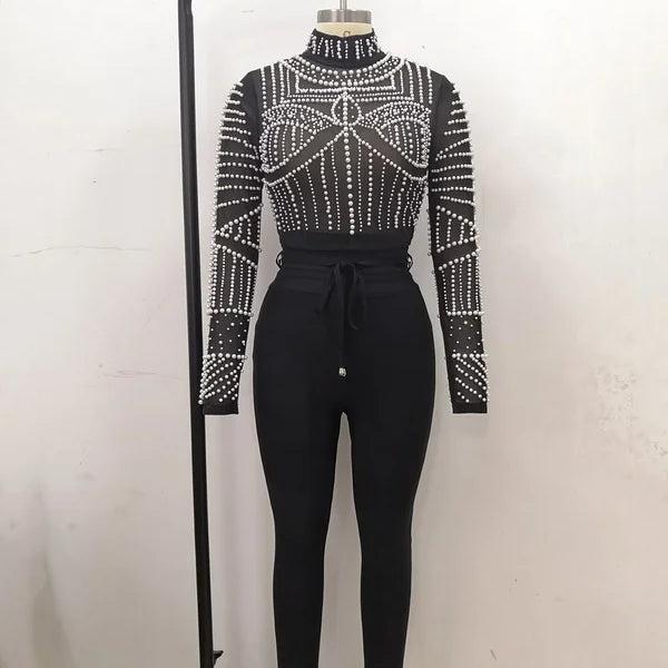 Black Pearls Beading Two Pieces Set Rayon Bandage Set Club Party Fashion Outfit