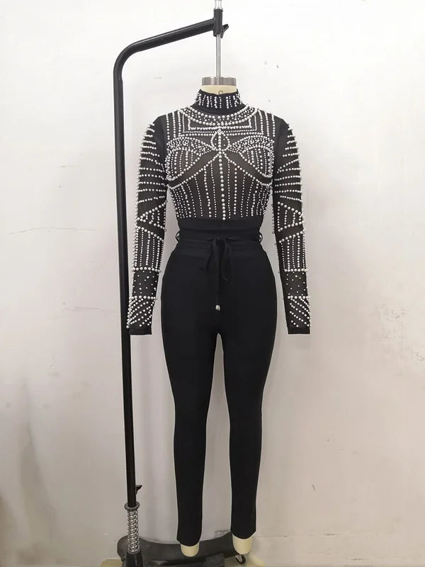 Black Pearls Beading Two Pieces Set Rayon Bandage Set Club Party Fashion Outfit