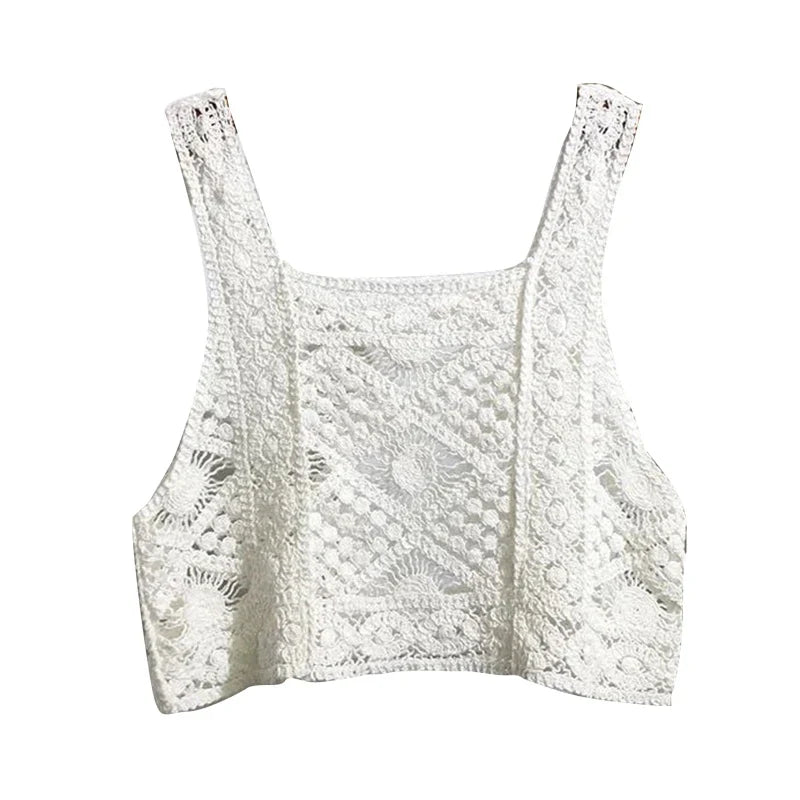 Women Vintage Crochet Camisole Bohemian Hollow Out Geometry Floral Knitted Vest Slim Sleeveless Crop Top Beachwear White One Size