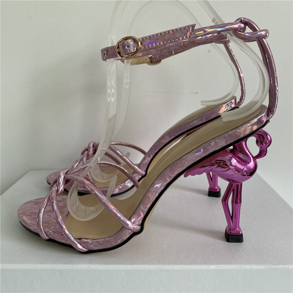 Unique Flamingo Strange High Heel Sandals Women Knitted Narrow Band Ankle Strap - Design Summer Runway Shoes Woman Bling Rose Open Toe